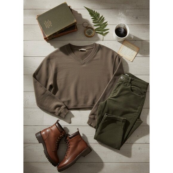 VTG Y2K NWT Cropped Brown V-Neck Sweatshirt | Cottagecore Dark Academia Coquette - Picture 13 of 16